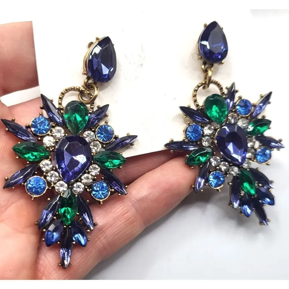 Bold Blue Green Chandelier Chunky Earrings 2.75in